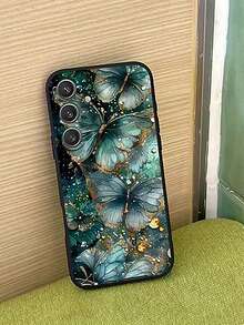 1pc Fashionable Green Butterfly & Flower Anti-Drop Anti-Slip Black Phone Case, Compatible With Galaxy S26 Ultra/A13/A14/A15/A34/A35/A52/A53/A54/S21+/S22/S23 Fe/S24/S25/S25 Ultra And Other Android Models, Suitable For Personal Use Or Gift - Black - View 5