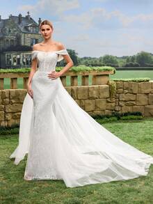 Solid Color Mesh Splice Off-Shoulder Fitted Elegant Luxurious Wedding Dress - White - View 10
