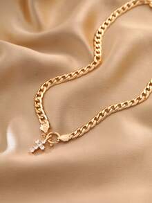 Nooxian 1pc Fashionable Exaggerated Gold Thick Flat Chain Necklace With Cross Cubic Zirconia Pendant For Women - Yellow Gold - View 4
