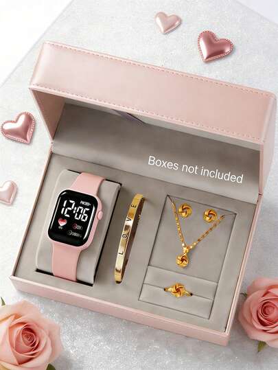 Girls' Fashionable And Elegant LED Heart-Shaped Digital Electronic Watch With LOVE Bracelet, Necklace, Ring, Earring Set, Suitable For Teenagers, Students, Daily Occasions Like School, Gatherings, And Travel, Perfect Gift For Friends, Birthday, Valentine's Day, And Loved Ones
