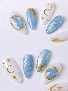 10pcs Handmade Press-On Nail Strips, Short Nails, Fake Nails, Almond Shape Nails, French Manicure Nail Strips, Gold Nails, White Nails, Pink Nails, Cute Nails, Cat Eye Nails, Elegant Luxury Style, Gold Cat Eye Ombre, Hand-Painted 3D Golden Line Diamond Tulip, Nail Jewelry Decor, Reusable, Suitable For Women And Girls Almond Shaped Nail Strips. - 淺藍色 - 查看 12