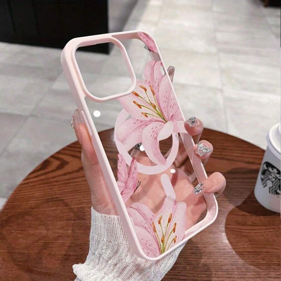 Pink Lilies Magnetic Phone Case Compatible With IPhone 17/17 Promax/17 Pro/Air/16/15/14/13/12 Pro/12/XS Plus Max, Galaxy Series, Including S25, S22FE, S23, S24, S22PLUS, S23 Ultra, S24 Ultra, Acrylic + TPU Phone Case Features A Fashionable Design, Compatible With Magsafe Cover - Hồng - Xem 1