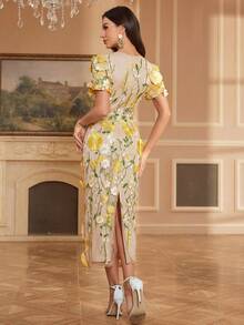 Women's Floral Embroidery Maxi Dress Wedding Guest Dress Evening Party Dress - Yellow - View 3