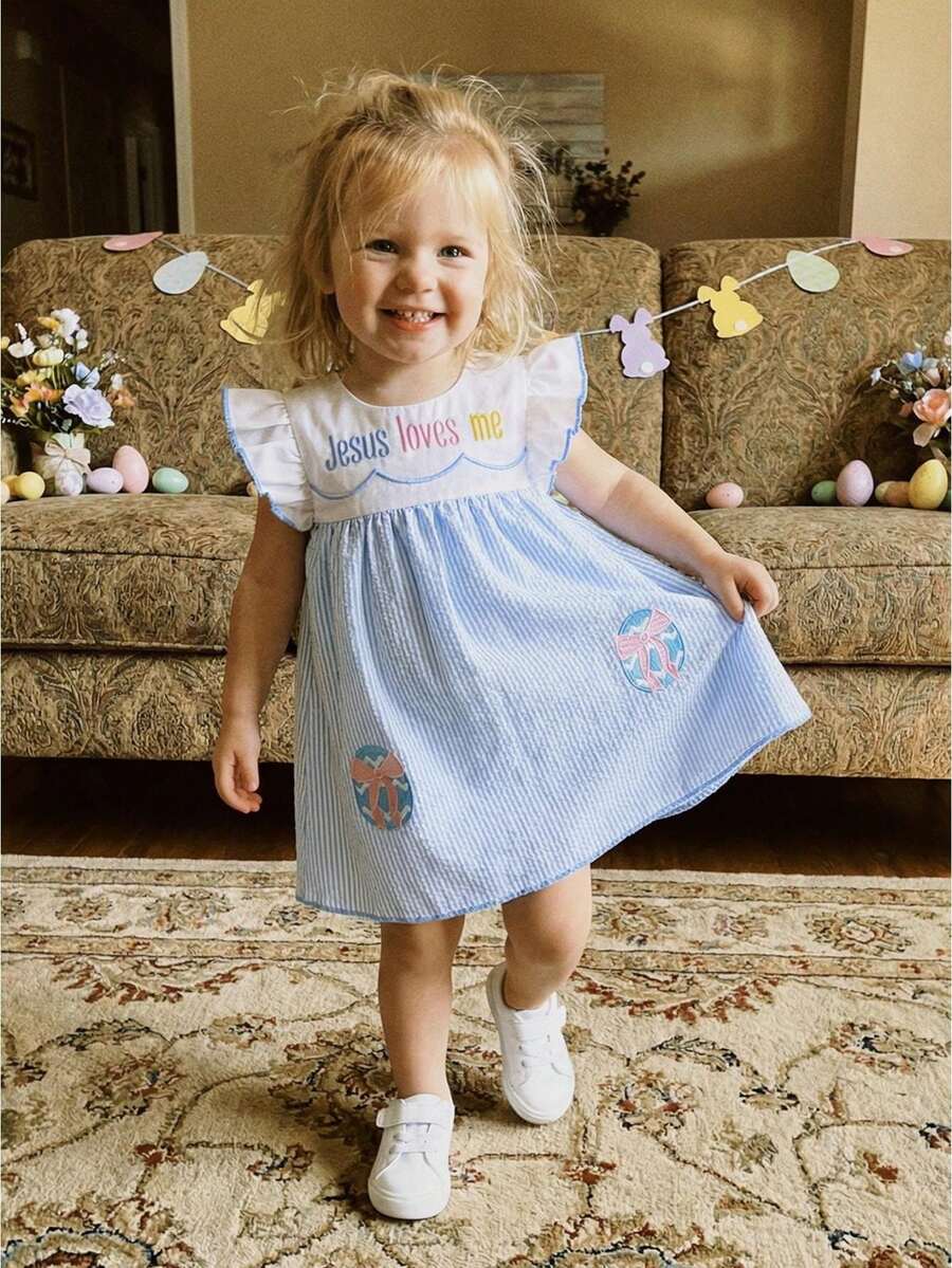 Infant Toddler Baby Girls Easter Dress Sleeveless Stripes Eggs Embroidery Letters A-Line Dress Princess Dress - 藍色 - 查看 1