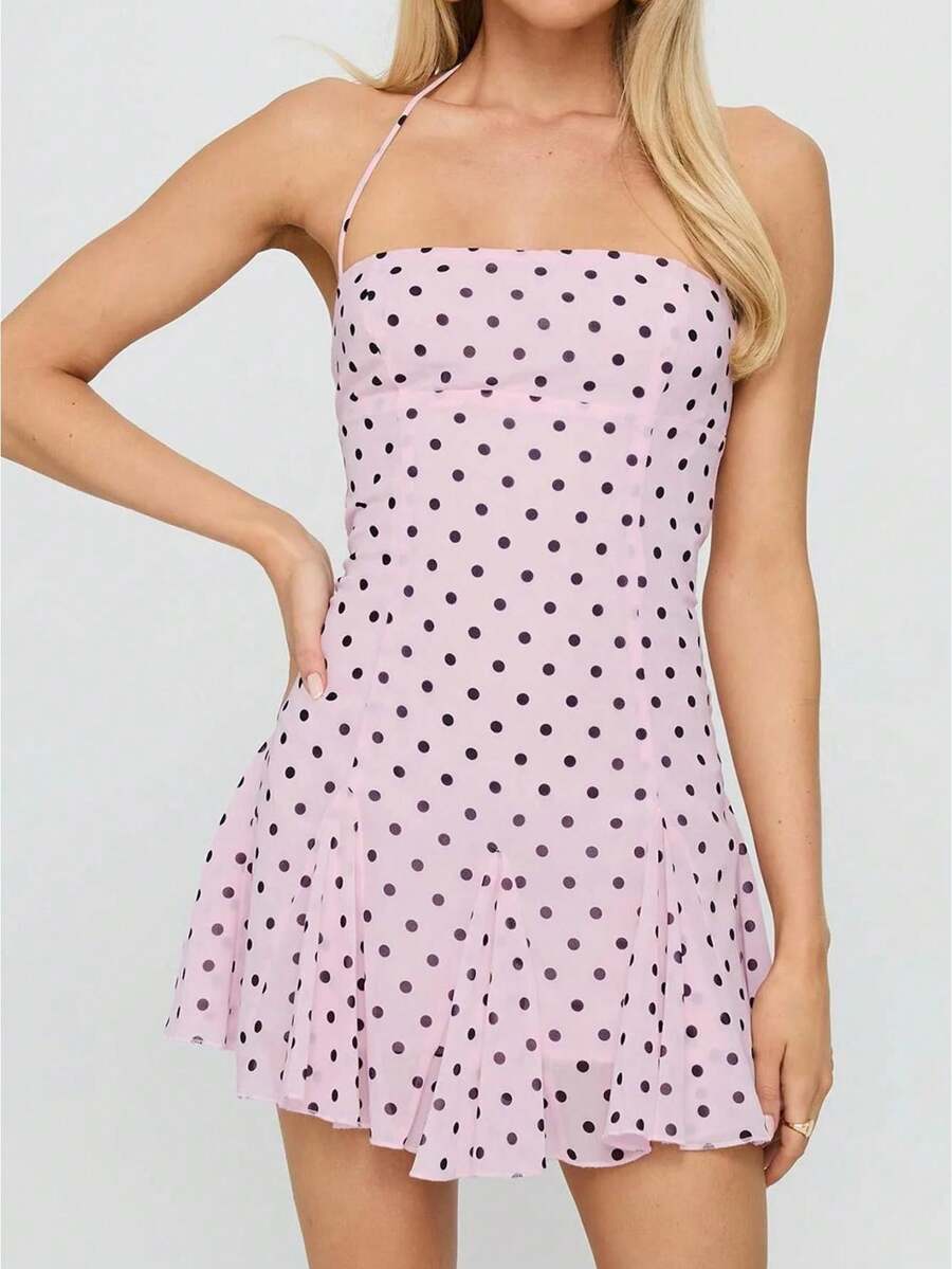 Women Summer Halter Neck Ruffle Mini Dress Dot Print Sleeveless Backless Bodycon Party Cocktail Short Dresses - Purple - View 1