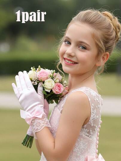 1 Pair 3-10Y Kids Satin Smooth Elastic Pink Bow Gloves, Suitable For Wedding Dress, Photo Shooting, Stage Performance