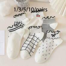 4双装女士荷叶边短袜，图案包括：蜜桃色、蝴蝶结、条纹、格子、爱心，款式优雅，适合夏季穿着 - 彩色 - 查看 8