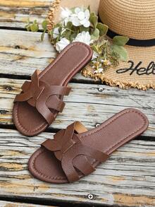 Dép lê nữ đế bằng hở mũi với họa tiết sọc đan phối hợp và thiết kế khoét rỗng, thời trang và đa năng, kiểu dáng tối giản màu nâu cà phê với họa tiết vải thiều, dép da PU cho mùa xuân và mùa hè, món đồ không thể thiếu cho ngày Valentine. - Cà phê nâu - Xem 4