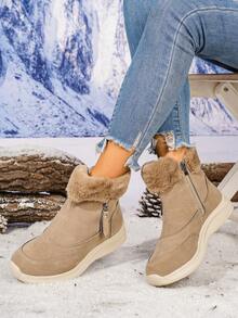 女士搭扣舒适软底雪地靴，圆头系带防滑平底靴，新款冬季棕色休闲保暖加厚绒面踝靴，轻便女士雪地靴