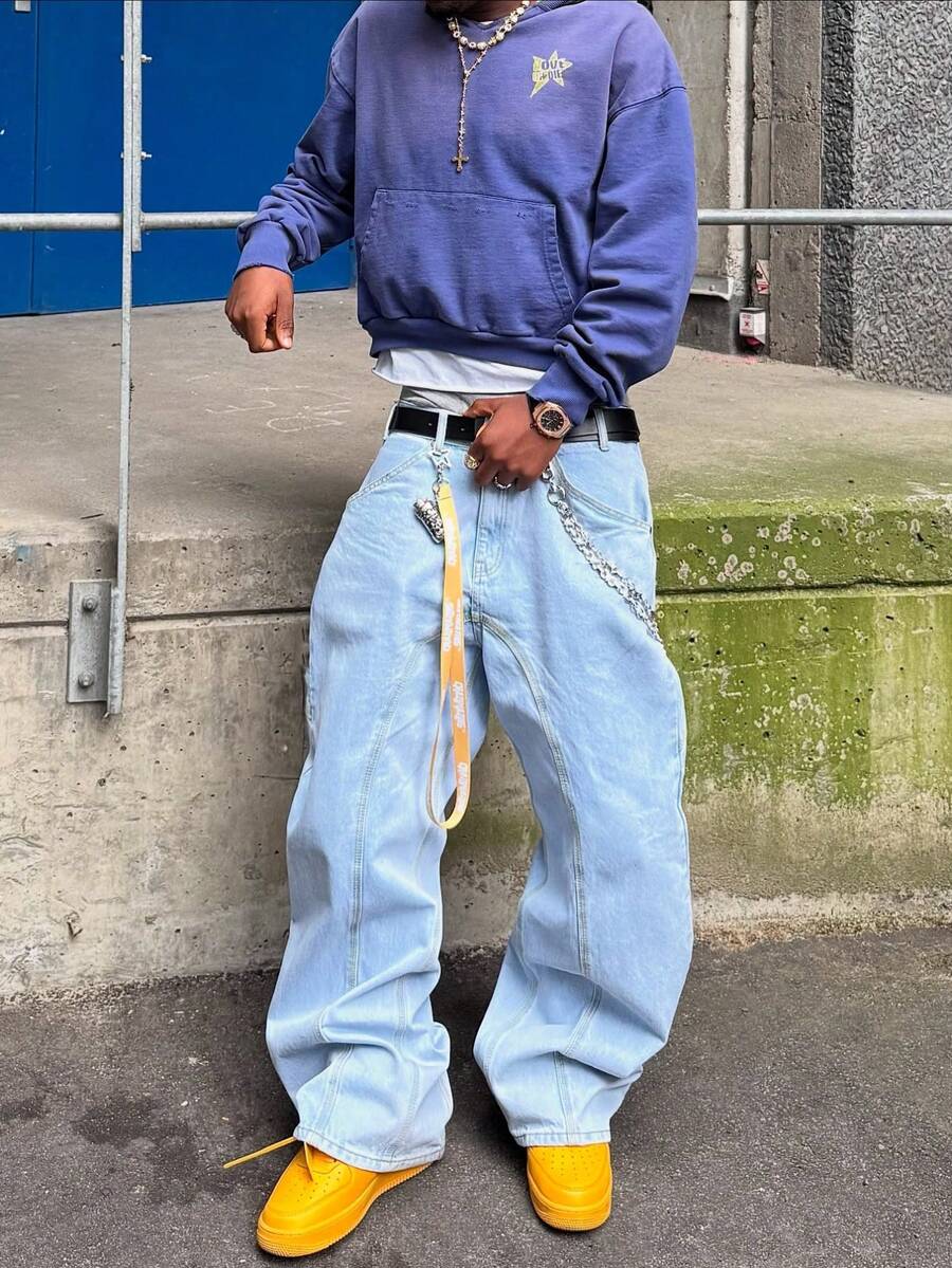 男士浅蓝色水洗舒适宽松阔腿牛仔裤，Y2K 宽松牛仔裤，褪色靛蓝水洗，柔软棉质面料，超宽松版型，休闲百搭 - 淺色水洗藍 - 查看 1