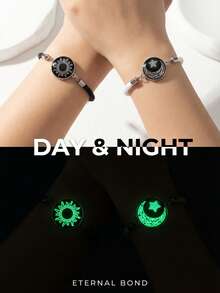 2pcs/Set Handmade Black & White Couple Bracelet Set, Moon & Star Glass Luminous Bracelet - Black and White - View 3