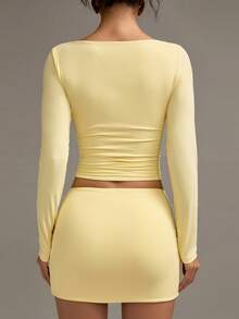 XLLAIS Women's Y2k Sexy Hot Girl Style Basic Yellow Tops Casual High Stretch Double Layer Boat Neck Long Sleeve Slim Fit T-Shirt Spring Summer Vacation - View 5