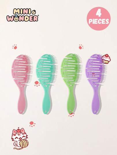 4件套/1件马卡龙纯色休闲猪肋排梳套装，镂空设计，符合人体工学的ABS手柄，耐用塑料梳齿，非常适合日常头发护理/造型/染发/烫发，是送给女孩和儿童的理想礼物