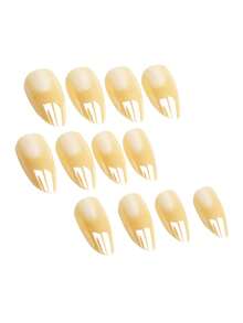 Add A Touch Of Romance With 24pcs Casual Elegant Sweet Cute Street Simple Classic Modern Daily Yellow Aurora White French Short Almond Press On Nails Fake Nail Kit,Suitable For Sweet And Delicate Girls And Women To Use In Daily Life And Shopping - Yellow - View 3