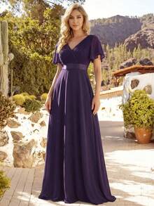 EVERPRETTY Đầm phù dâu màu tím đậm, cổ chữ V, tay bồng xếp ly, thích hợp làm đầm dự tiệc cưới, đầm bán chính thức mùa xuân, đầm dành cho mẹ cô dâu trong đám cưới, tiệc sinh nhật, lễ tốt nghiệp, ngày Valentine. - Màu tím - Xem 9