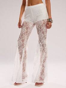 Women's Floral Lace Bell Pant Mesh See Through Flare Bottom Leggings Hollow Out Mesh Cover Up Trousers - trắng - Xem 6