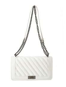 Herringbone Embroidered Twist Lock Small Square Shoulder Bag Crossbody Bag Chain Strap Women Handbag - White - View 12