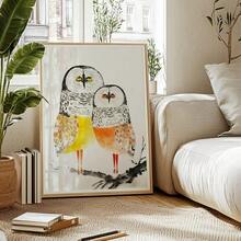 水彩双猫头鹰帆布墙画 - 可爱动物情侣绘画海报，简约鸟类印花，适用于客厅、卧室、儿童房的审美装饰，无框 - 彩色 - 查看 4