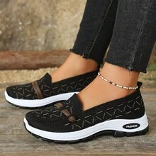 "Women's Beige Knit Loafers - Breathable Padded Footbed Flexible Sole Casual Slip-On Shoes" - 黑色 - 查看 4