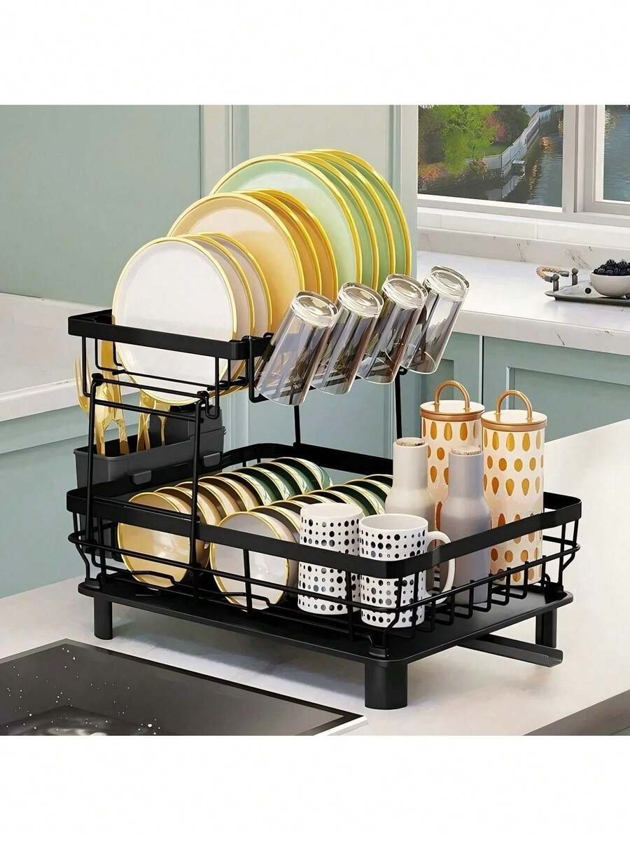 Escurreplatos de doble capa con bandeja de goteo y rotación de 360° que ahorra espacio en la encimera. Incluye escurridor, soporte para cubiertos, portavasos y boquilla giratoria ajustable.