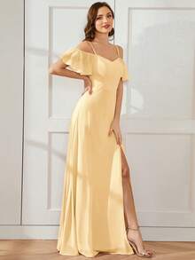 Women's Elegant Off-Shoulder Split Hem Dress, Graceful And Ethereal For Summer - Yellow - View 3