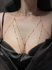 1pc Women's Sexy Chest Chain Jewelry, Minimalist Rhinestone Pendant Body Chain, Suitable For Daily Wear - Gold - View 1