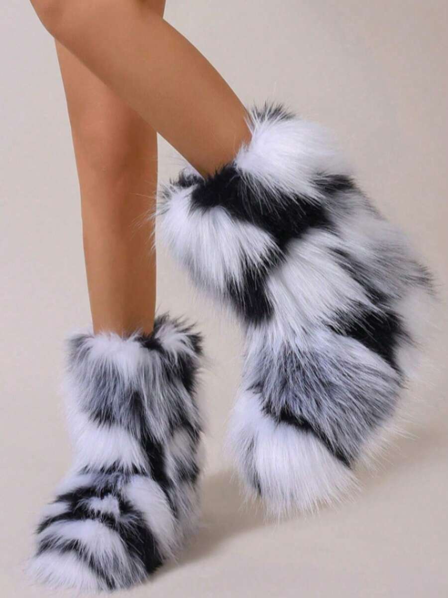 New Rainbow Fur Ankle Boots For Women 2025 Autumn/Winter New Sweet Cool Style Colorful Tie-Dye Faux Fur Warm Fashion Boots Women's Ankle Boots. Furry Boots. Winter BootsSuitable For Extremely Cold Weather. The First Choice For Skiing, Traveling, And Gatherings. - Đen và trắng - Xem 1