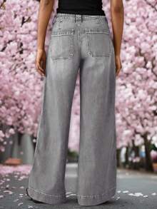 Plus Size Fashion Wide Leg Jeans, Denim Fabric, With Pockets, Comfortable Medium Stretch Material, Button And Zipper Closure, Suitable For Daily Wear Casual Spring - Grey - View 4