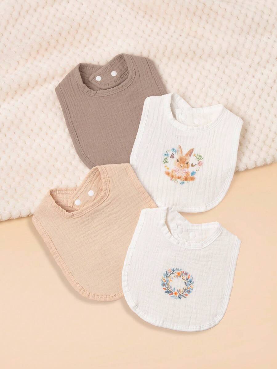 4件套婴儿围兜，棕色系列吸水性强，柔软纯棉纱布U型拍嗝巾，纯色印花春夏新款，婴儿日常用品，礼品 - 彩色 - 查看 1