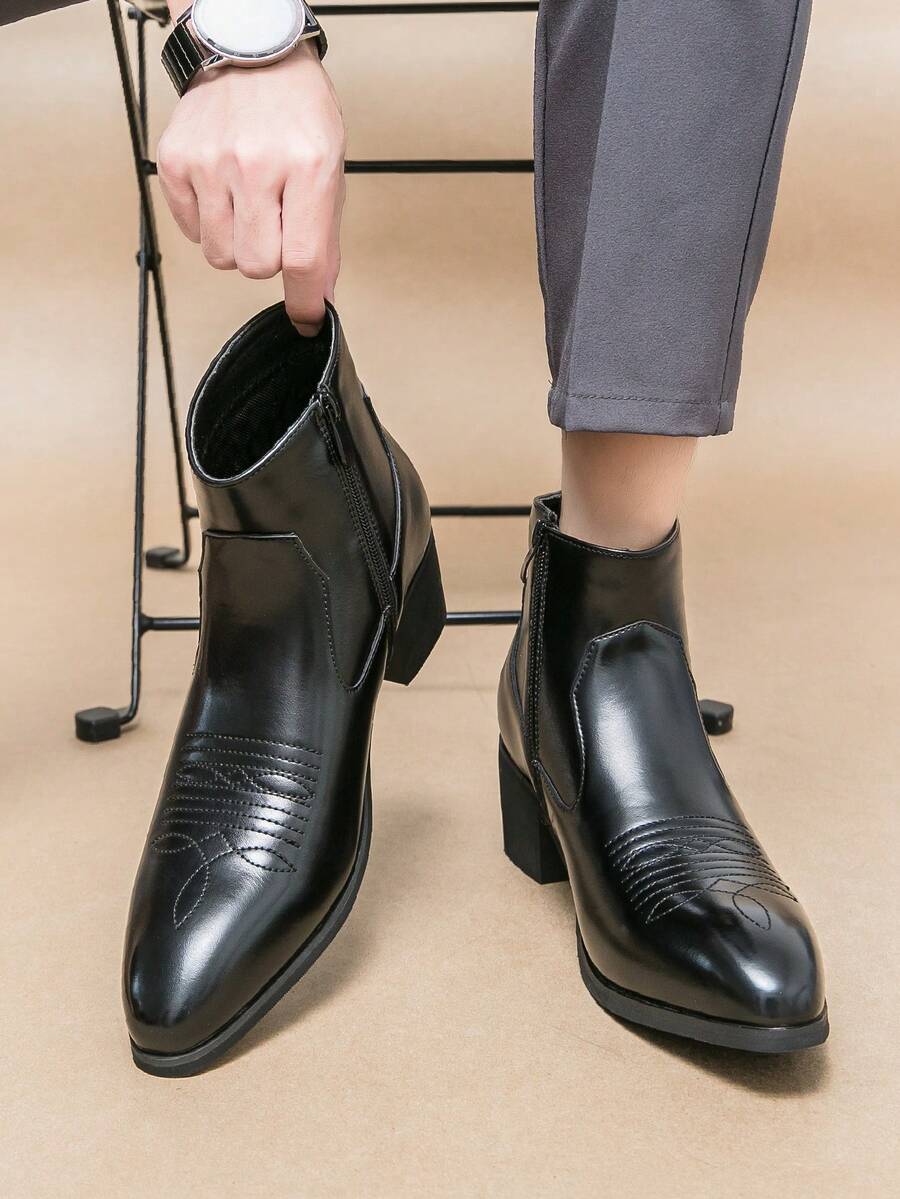 Men's Pointed-Toe Chelsea Boots With Side Zipper And Slip-On Design, Featuring A Chunky Heel. These Formal Western-Style Dress Boots Are Ideal For Business Negotiations And Other Formal Occasions - màu đen - Xem 1