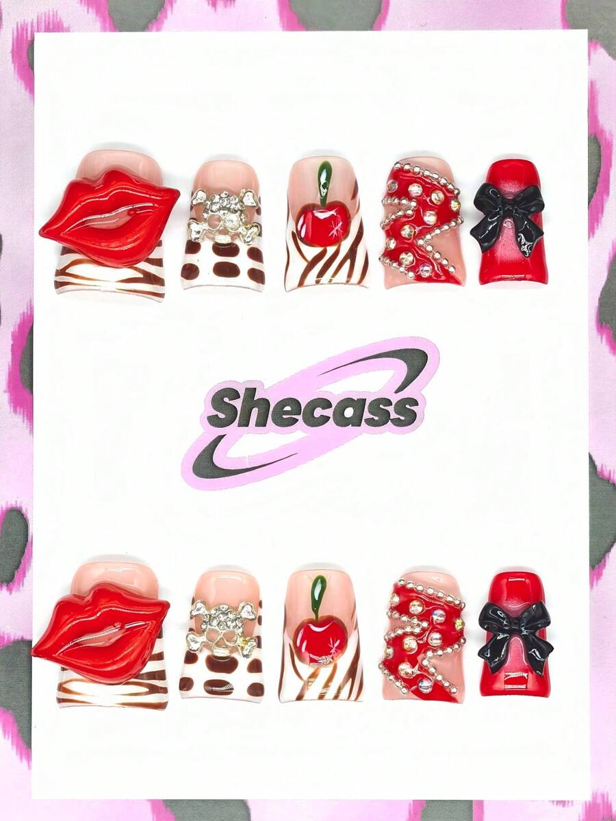 10片手工制作的鸭子造型3D美甲贴片，Y2K风格，红唇红蝴蝶结樱桃豹纹朋克风，适合秋季美甲，附赠3件美甲工具和指甲胶水，适合女性和女孩参加派对、旅行、日常上学等场合。 - 彩色 - 查看 1