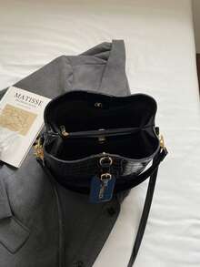 Bucket Bag, Large Capacity With High-End Embossed Finish, Women's Bag With Three Compartments, Minimalist Casual Shoulder & Crossbody Bag, Viral Stylish Versatile Small Bag - Black - View 4