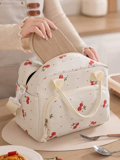 1 st ny körsbärsmönstrad/brun leopardmönstrad isolerad lunchväska med axelrem, handväska i japansk stil, bentoväska med ficka