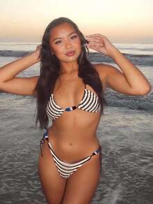 Women's Striped/Solid Bikini Sets Beads Triangle Swimsuits 2 Piece String High Cut Cheeky Bathing Suits - Multicolor - View 5