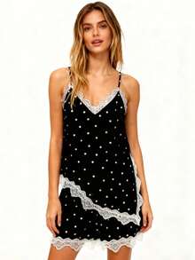 Women Summer Outfit Dot Print Lace Trim Spaghetti Strap Asymmetrical Tops And Shorts 2 Piece Casual Set - màu đen - Xem 2
