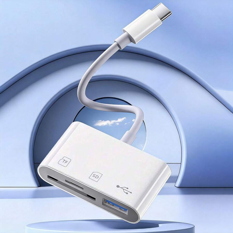 1个带线Type-C读卡器，三合一SD/TF/USB相机读卡器适配器，兼容 17/16 Pro Max/16 Pro/16 Plus/16/15/14/13/12系列，即插即用多功能转换器 - 白色 - 查看 1