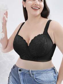 Plus Size Black Lace Underwire Push-Up Bra, Comfortable Wide Straps, Supportive Underwire Design, Breathable All Day - Black - View 4