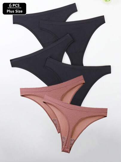 6pcs Women's Elegant Minimalist Solid Color Plus Size Thong Panties