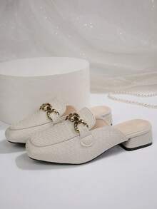 Beige Square Toe Flat Mule Shoes With Metal Buckle, Fashionable Patent Leather Gingham Print Loafers, Elegant Backless Flat Shoes For Women, Spring/Summer - Beige - View 8