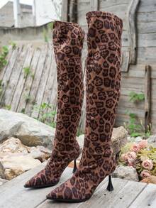 Women's Leopard Print Western Style Elegant Fabric Fashion Boots, Pointed Toe Chunky Heel Sexy Over-The-Knee Stretch Boots, Suitable For Holidays And All Seasons - Brown - View 2