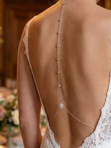 精致银色 CZ 水滴吊坠长款背链项链，适合露背礼服的新娘身体饰品，婚礼派对配饰。 - 銀色 - 查看 8