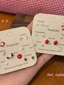 1 Set de Aretes de Perro Salchicha y Manzana Roja de Dibujos Animados, Juego de Aretes de Diseño Único para Niñas - Rojo - Ver 4