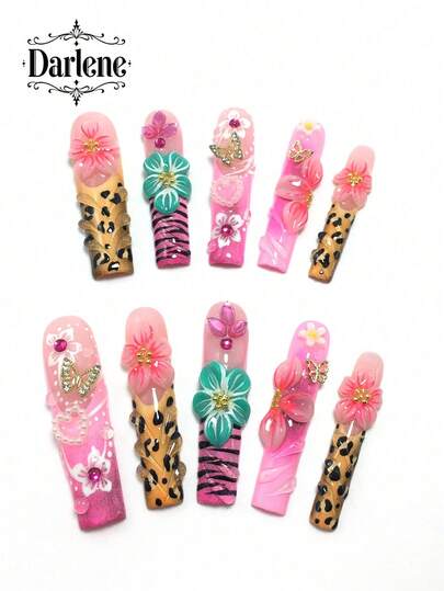 Darlene Handmade Series Wearable Nail Stickers, 10-Piece Set, Detachable, Includes Metal Butterfly, Heart Arrow And Pink Rhinestone, Designed For Women And Girls, Suitable For Parties, Celebrations And Daily Wear, Great Gift For Women And Girls Nails Nail Supplies