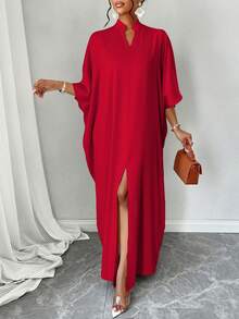 Women's Loose Fit Batwing Sleeve Dress, Arabic Style With Notched Neck And Slit Design - Red - View 4