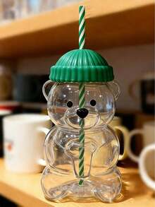 Cute Bear Straw Cup With Lid & Straw | Plastic, Reusable, Honeybear Cup, Cute Mugs Bears Sippy Cups, Ideal For Hot And Cold Drinks, Coffee, Wine, Juice, Smoothies, Boba, Birthday Gift, High Aesthetic Value, Party Drinkware, Valentine'S Day, New Year Gift, Exquisite Creative Gift, Ramadan Gift (Candy Cane Stripes) - Multicolor - View 5
