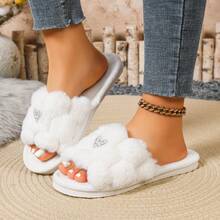 Women's Heart Rhinestone Plush Slippers, Comfortable Lightweight Indoor/Outdoor Versatile Soft Plush Slippers - Heart-shaped Open Slippers - View 3