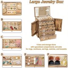 Wooden Jewelry Box For Women 6-Tier Large Jewelry Organizer Boxes With Mirror Rustic Solid Wood Jewlery Storage Display For Rings Earrings Necklaces Bracelets Watches Carbonized Black - 碳化棕色 - 查看 4