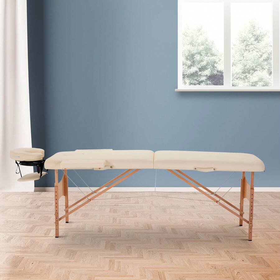 HOMCOM Camilla de Masaje Plegable 210x81 cm Camilla Estética Profesional con Reposacabezas Extraíble 2 Zonas Asa y Marco de Madera con Altura Regulable y Bolsa de Transporte - Beis - Ver 1