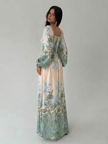 Rusttydustty 女士优雅波西米亚风印花收腰长袖连衣裙，适合音乐节和日常穿着，秋冬季款 - 綠色 - 查看 3