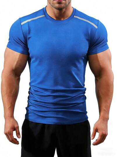 1pc Men's Summer Royal Blue Mesh Breathable Quick-Dry Sports T-Shirt - Reflective Stripe Design Breathable Fitness Running Short Sleeve Top